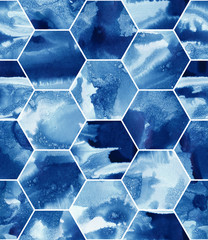 Handdoek met foto Marmeren hexagons patronen Naadloos aquarel patroon in blauwe inkt  © tofutyklein