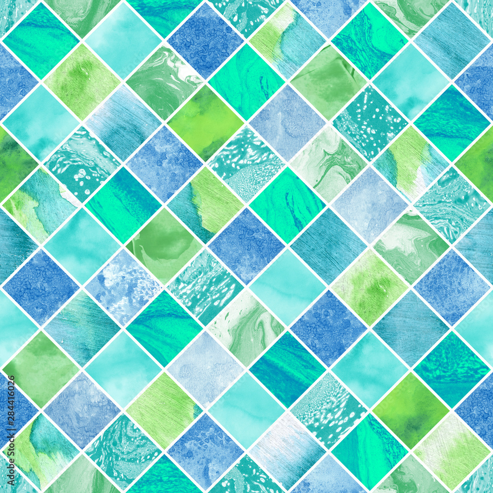 Hand painted marble tiles. Seamless artistic pattern. Creative trendy background. Different shades of blue and green colour palette. Mixed media art.