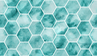 Handdoek met foto Marmeren hexagons patronen Turquoise aquarel inkt textuur  © tofutyklein