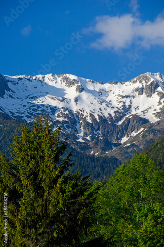 Spain, Catalonia, Aran Valley, Vielha. Snow capped Pyrenees Mountains.