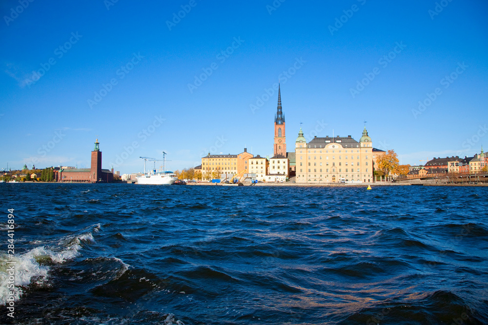 Stockholm, Sweden - View from the water of a waterfront cityscape.