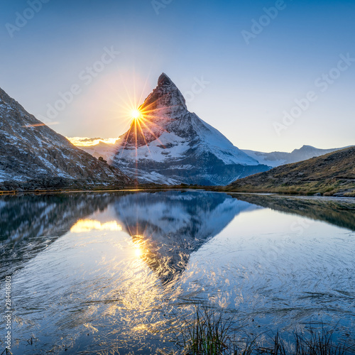 Riffelsee is an alpine lake above the town of Zermatt in the canton of Valais, Switzerland