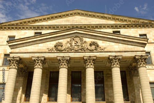 Russia. Moscow. Petrovska Street. Classical facade wtih hammer and sycle.