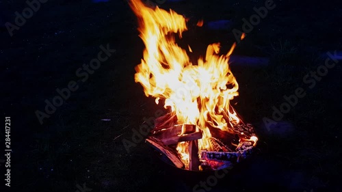 Bonfire at night.Small campfire with gentle flames.  photo