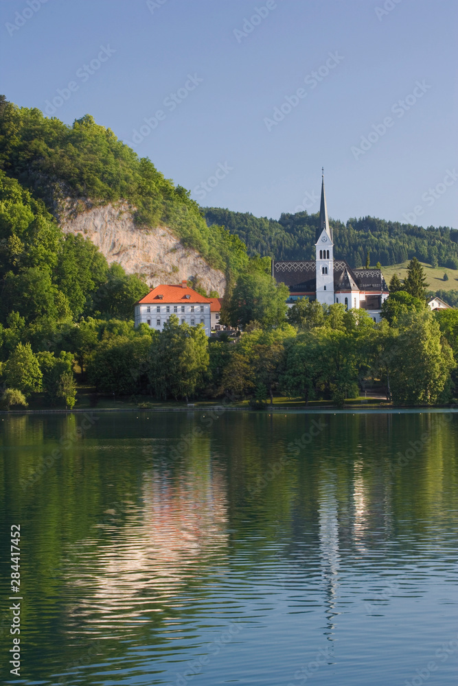Church on shoreline of Lake Bled, Bled, Slovenia Church on shoreline of Lake Bled, Bled, Slovenia