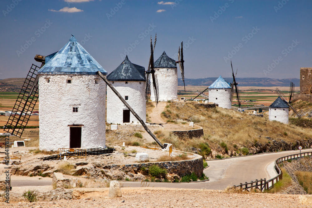 Spain, Castile-La Mancha Region, Toledo Province, La Mancha Area, Consuegra. Antique La Mancha windmills.