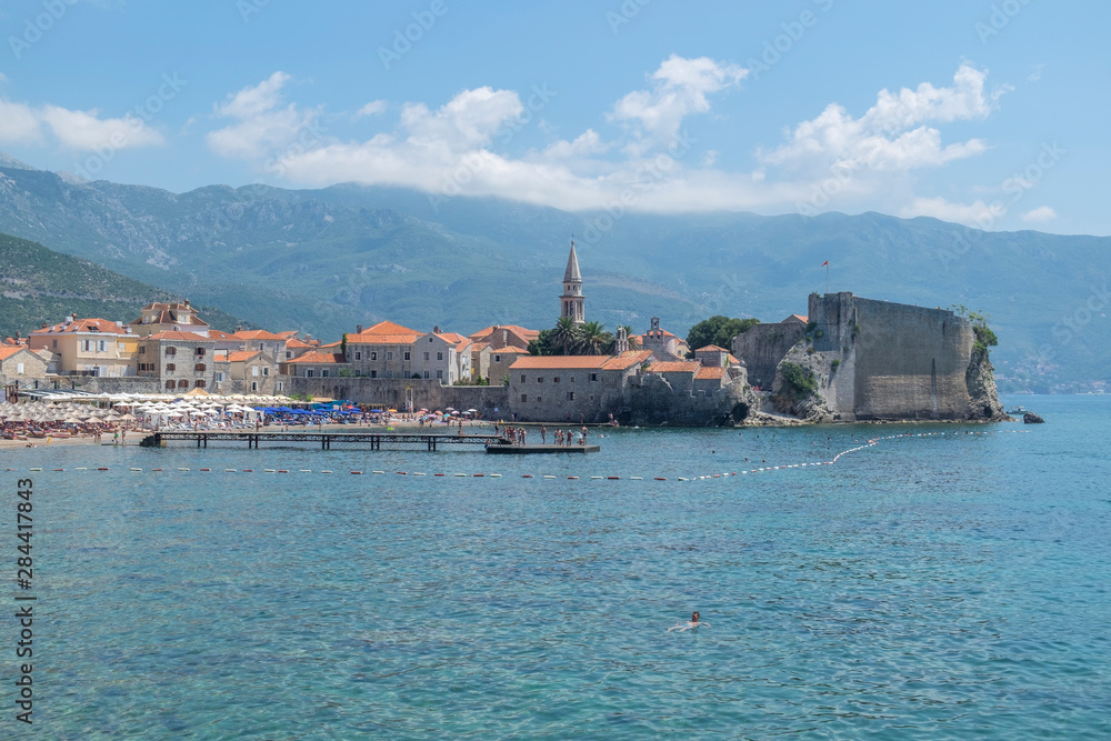 Slovenska Plaza, beach, Old Town, Adriatic Sea, Budva, Montenegro, Europe