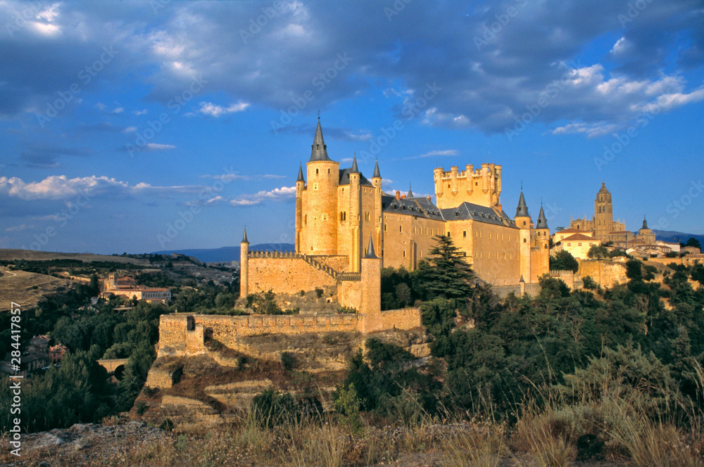 Spain, Segovia. The Alcazar, a World Heritage Site, towers over the city of Segovia, Spain