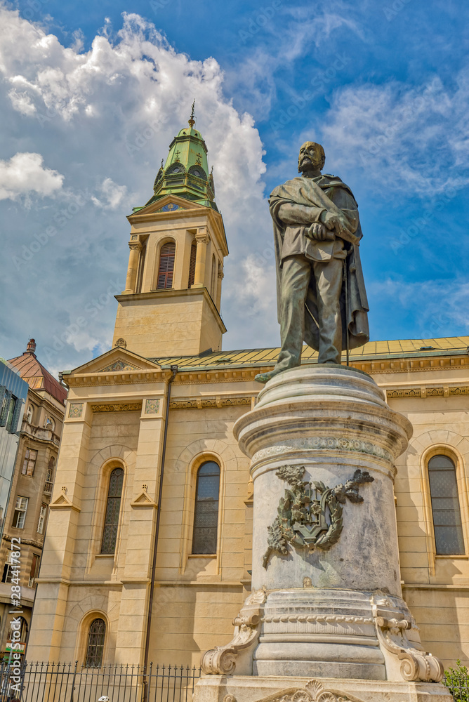 Croatia, Zagreb. Statue and Serbian Orthodox Cathedral. 