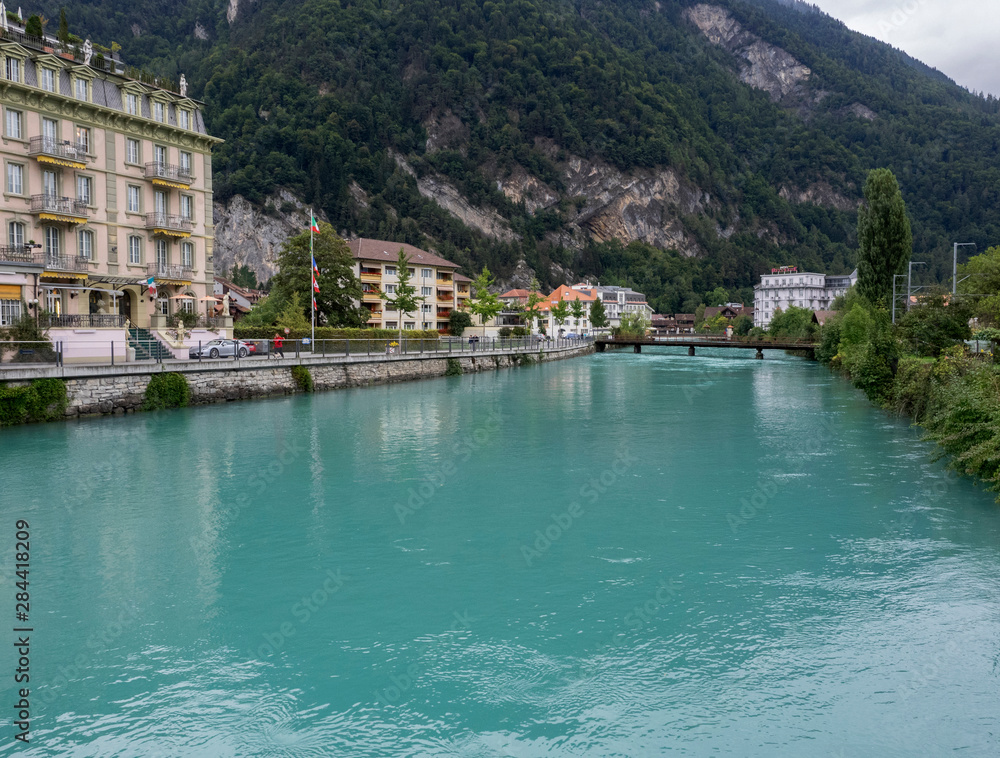 Switzerland, Bern Canton, Interlaken, Aare River, flows between Thunersee and Brienzersee