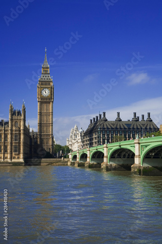 Great Britain  London. View of Big Ben and Westminster Bridge over the River Thames. 