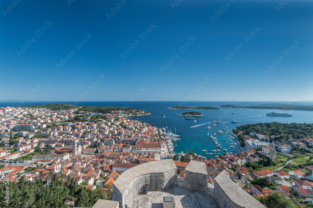 Croatia, Dalmatia, Hvar, Looking Down on Hvar Town and Castle From Hvar Castle