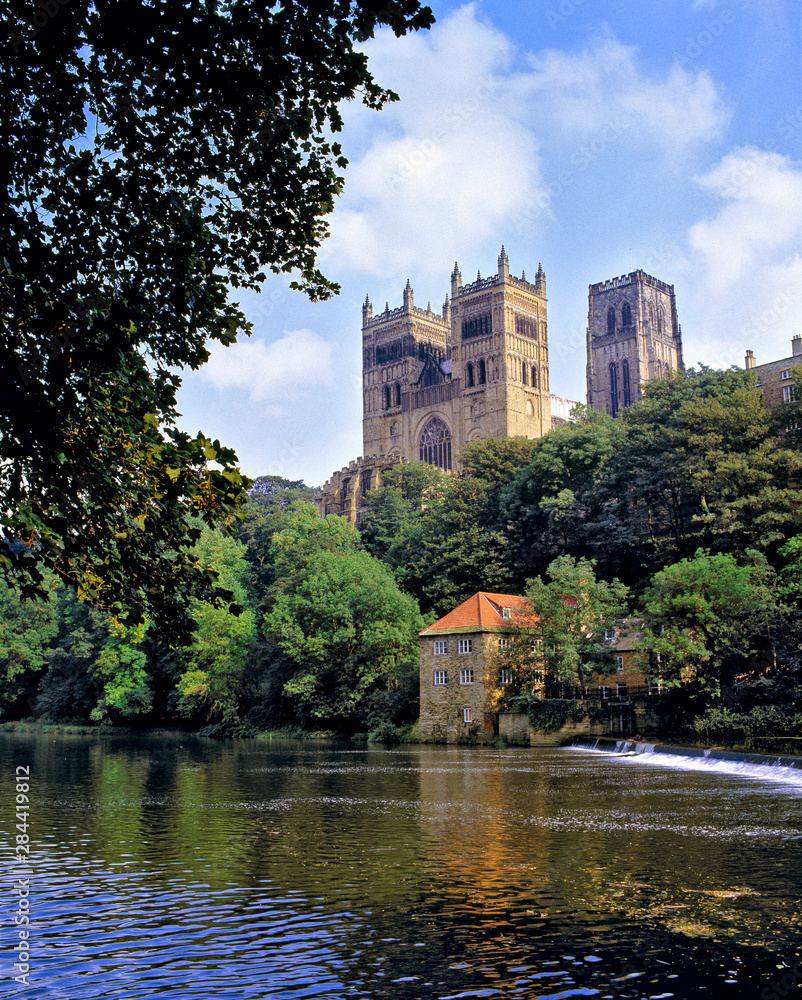 England, Durham. The spires of Durham Cathedral, a World Heritage Site, rise above the River Wear in Durham, England.