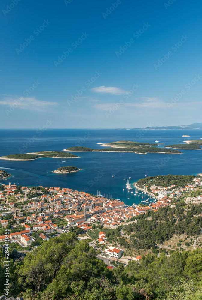 Croatia, Dalmatia, Hvar, Looking Down on Hvar Town and Harbor