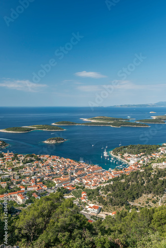 Croatia, Dalmatia, Hvar, Looking Down on Hvar Town and Harbor