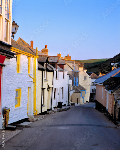 England, Port Isaac. A narrow street is empty in the sleepy village of Port Isaac on the north Cornwall coast in England.