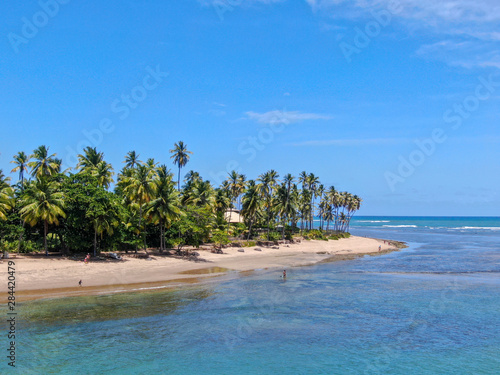Aerial view of tropical white sand beach  palm trees  and turquoise clear sea water in Praia do Forte  Bahia  Brazil. Travel tropical destination in Brazil