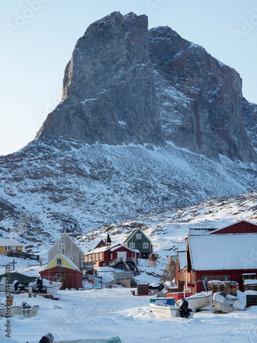 Ikerasak fishing village in the Uummannaq fjord system north of the polar circle. Greenland, Denmark.