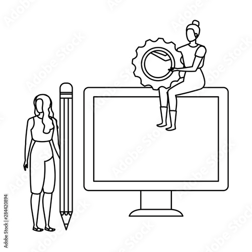 young women with desktop characters