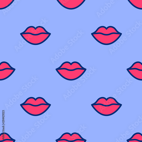 Lips pattern. Vector seamless pattern with woman s red sexy lips on purple background