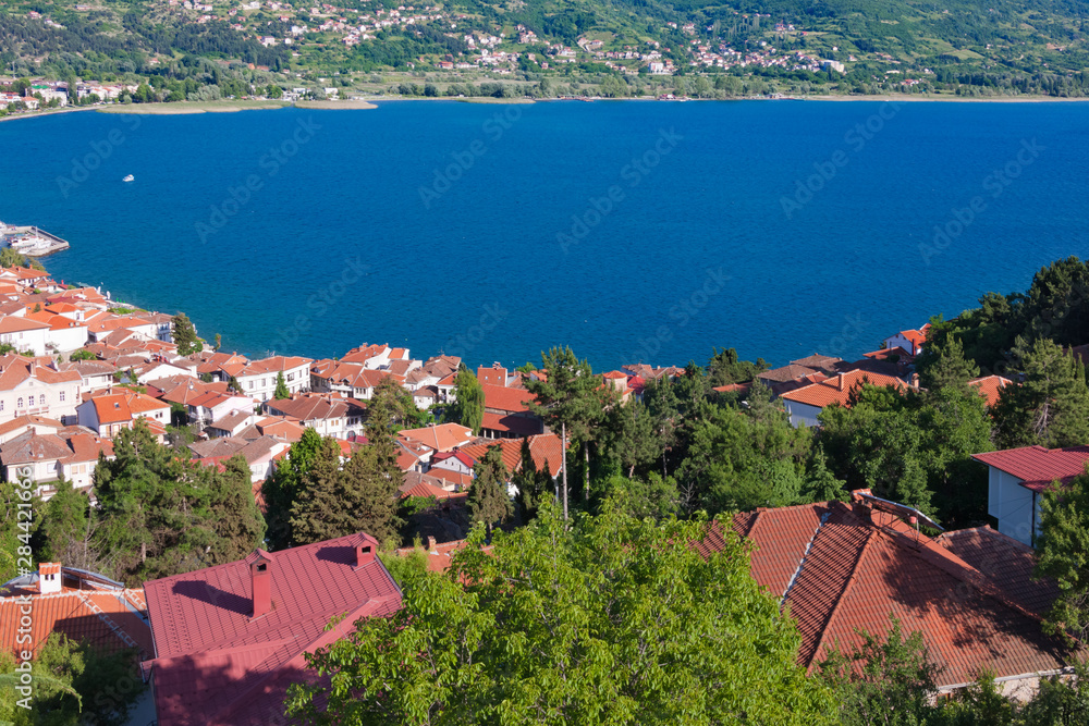 Fototapeta premium View of houses by Lake Ohrid from Tsar Samuel's Fortress, Ohrid, Republic of Macedonia