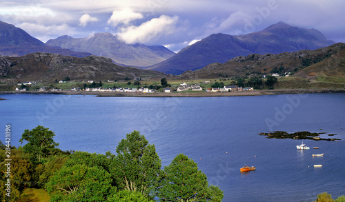 Scotland, Highland, Wester Ross, Shieldaig. The white-washed village of Shieldaig sits on Loch Torridon in the Highland of Scotland.