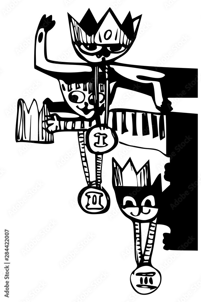 black and white sketch of kittens with medals and in crowns black and white sketch of kittens with medals and in crowns