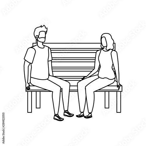 young lovers couple seated in park chair characters © Gstudio