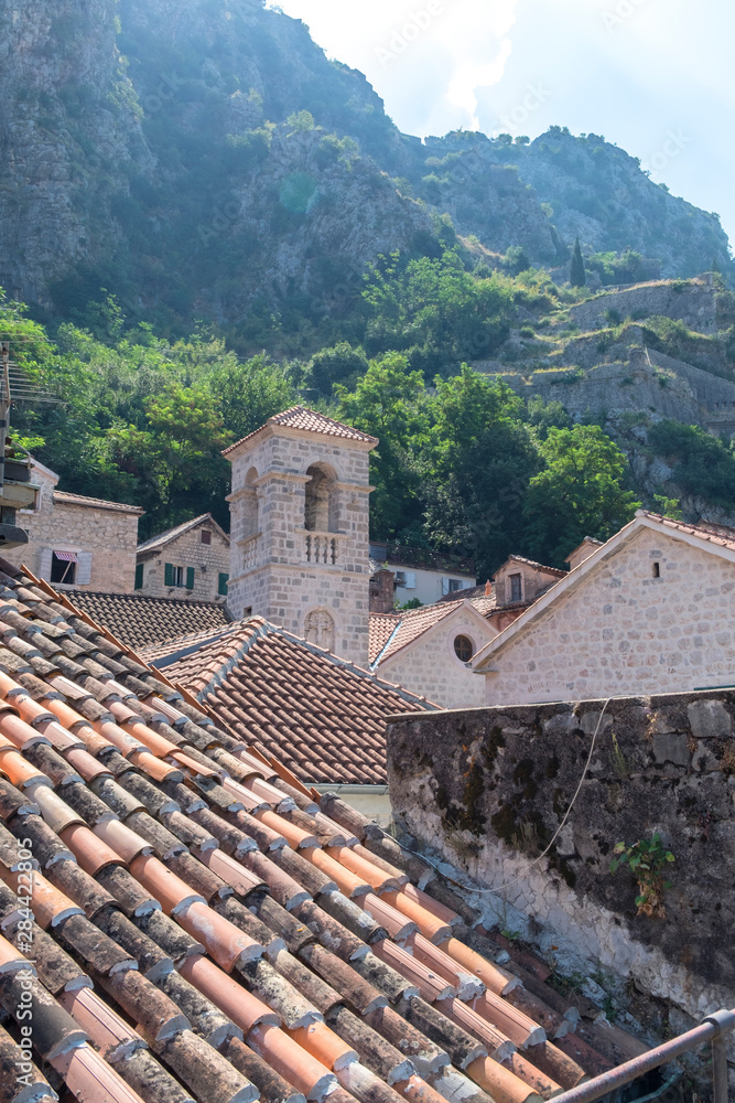 Rooftops against mountain, Old Town, Kotor, Montenegro, Europe