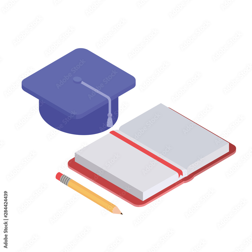 book of school with pencil and graduation hat on white background book of school with pencil and graduation hat on white background