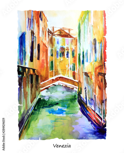 Pejzaż namalowany farbami akwarelowymi przedstawiający kanał w Wenecji
