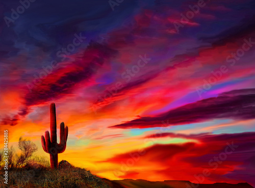 Arizona sunset, a Saguaro cactus highlighted by the setting sun landscape.