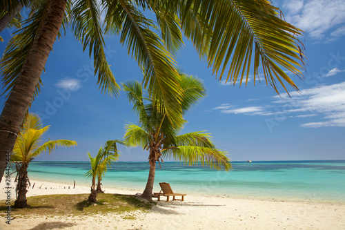 Beach, palm trees and lounger, Plantation Island Resort, Malolo Lailai Island, Mamanuca Islands, Fiji, South Pacific