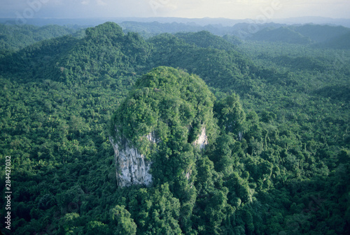 Belize, Aerial of Karst landscape and tropical rainforest.