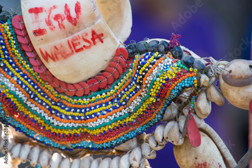 Melanesia, Papua New Guinea, Dobu Island. Vintage historic seashell and bead artifacts that are traded between villages and are displayed showing the villages' wealth, not for sale and not souvenirs. photo