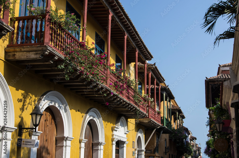 Charming streets in the in historic walled city of Cartagena, Colombia.