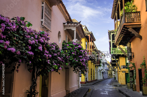 Wonderful Spanish colonial architecture is a confection in the Old City, Ciudad Vieja, Cartagena, Colombia.