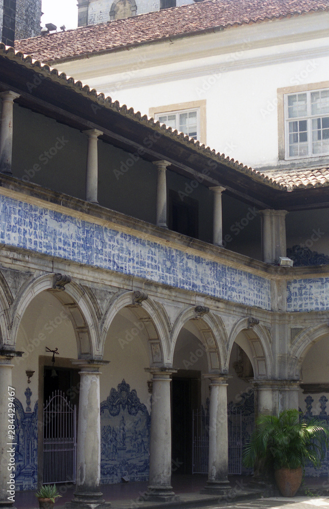 Salvador da Bahia, Brazil. Portuguese Azulejos (blue and white tiles) in the cloister of the Convento do San Francisco, Igreja de San Francisco in the Pelourinho district of the city.