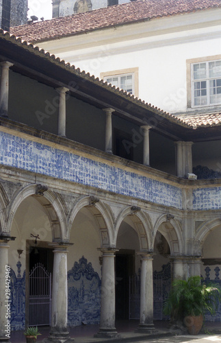 Salvador da Bahia, Brazil. Portuguese Azulejos (blue and white tiles) in the cloister of the Convento do San Francisco, Igreja de San Francisco in the Pelourinho district of the city.