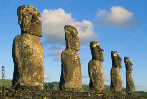 Chile, Easter Island, (Rapa Nui), Chile, Ahu Akivi Ceremonial Site Moai giant stone heads.