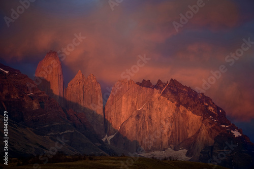Chile, Torres del Paine National Park. Morning alpenglow illumines granite towers. 