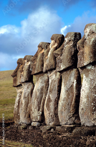 Chile, Easter Island. Profiles of Ahu Akivi on Easter Island, a World Heritage Site, show the detail of these expressive statues. photo