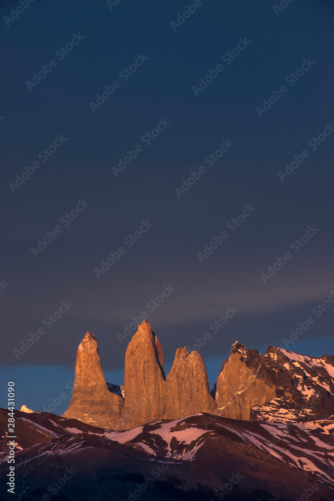 Torres del Paine, 3 granite peaks of Paine mountain range, Torres del Paine National Park, Patagonia, Magellanic region, Southern Chile