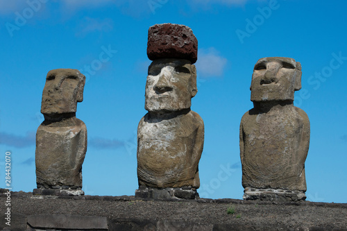 Chile, Easter Island, Hanga Nui. Rapa Nui National Park, Ahu Tongariki. Fifteen large moai statues on the largest ceremonial platform in all of Polynesia. Moai with pukao (headdress). UNESCO