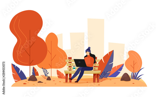 A girl sits on a bench in an autumn park and works at a laptop. Trend colors. Vector illustration in cartoon flat style on a white background. 