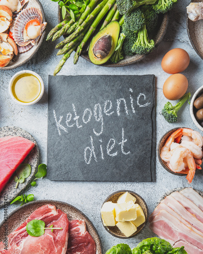 KETOGENIC DIET CONCEPT. Healthy low carb product background. Top view 
