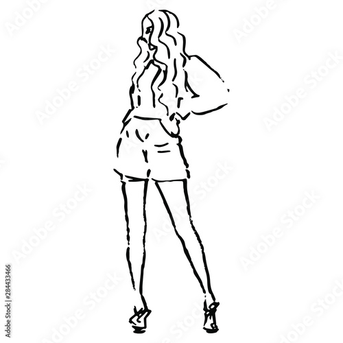Standing fancy girl wearing shorts. Hand drawn linear doodle sketch. Black and white silhouette.