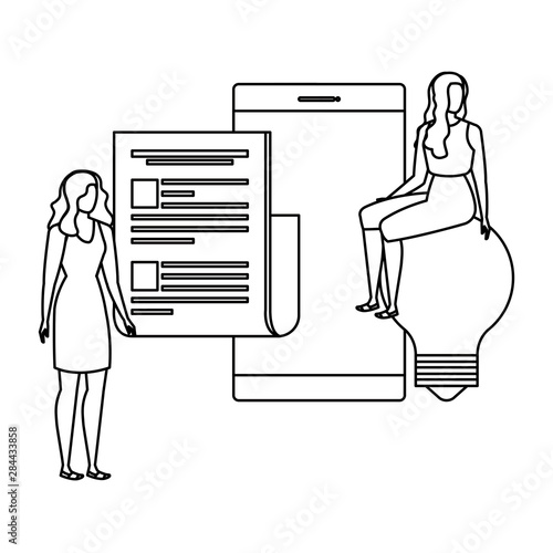 young women with smartphone characters