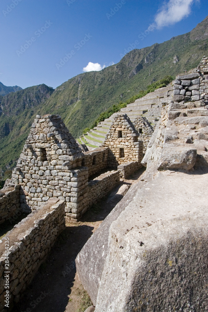 South America - Peru. Stonework in the lost Inca city of Machu Picchu.
