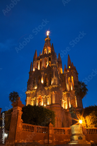 Mexico, San Miguel de Allende, Evening Lights Parroquia Archangel Church